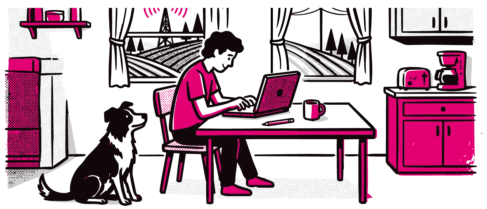 Illustration of a rural man sitting next to his dog and working on his laptop in the kitchen.